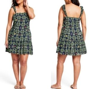 AGUA BENDITA Target Size Medium Navy Blue Floral Flutter Sleeve Apron Dress NWT